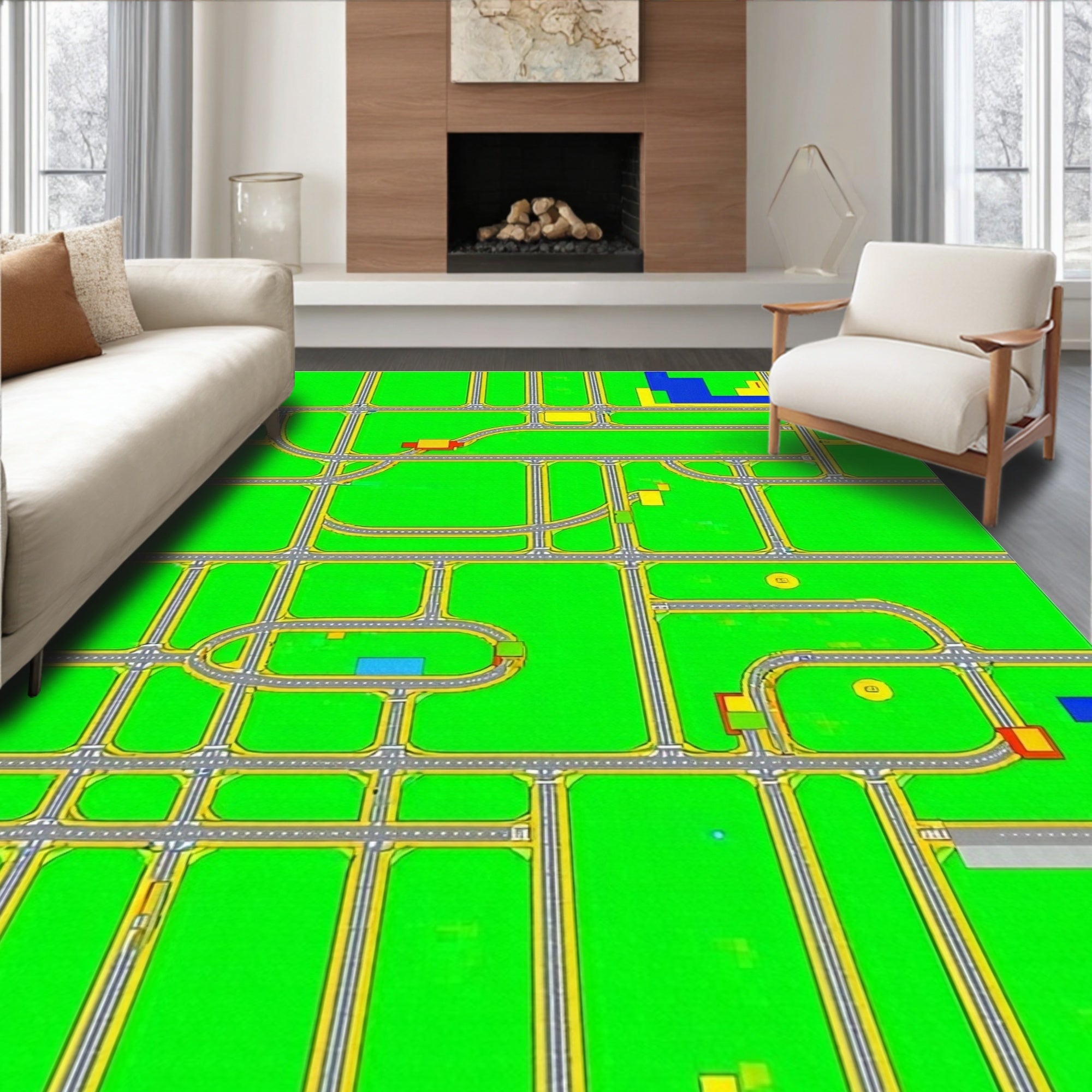 Abstract Green Road Grid Rug