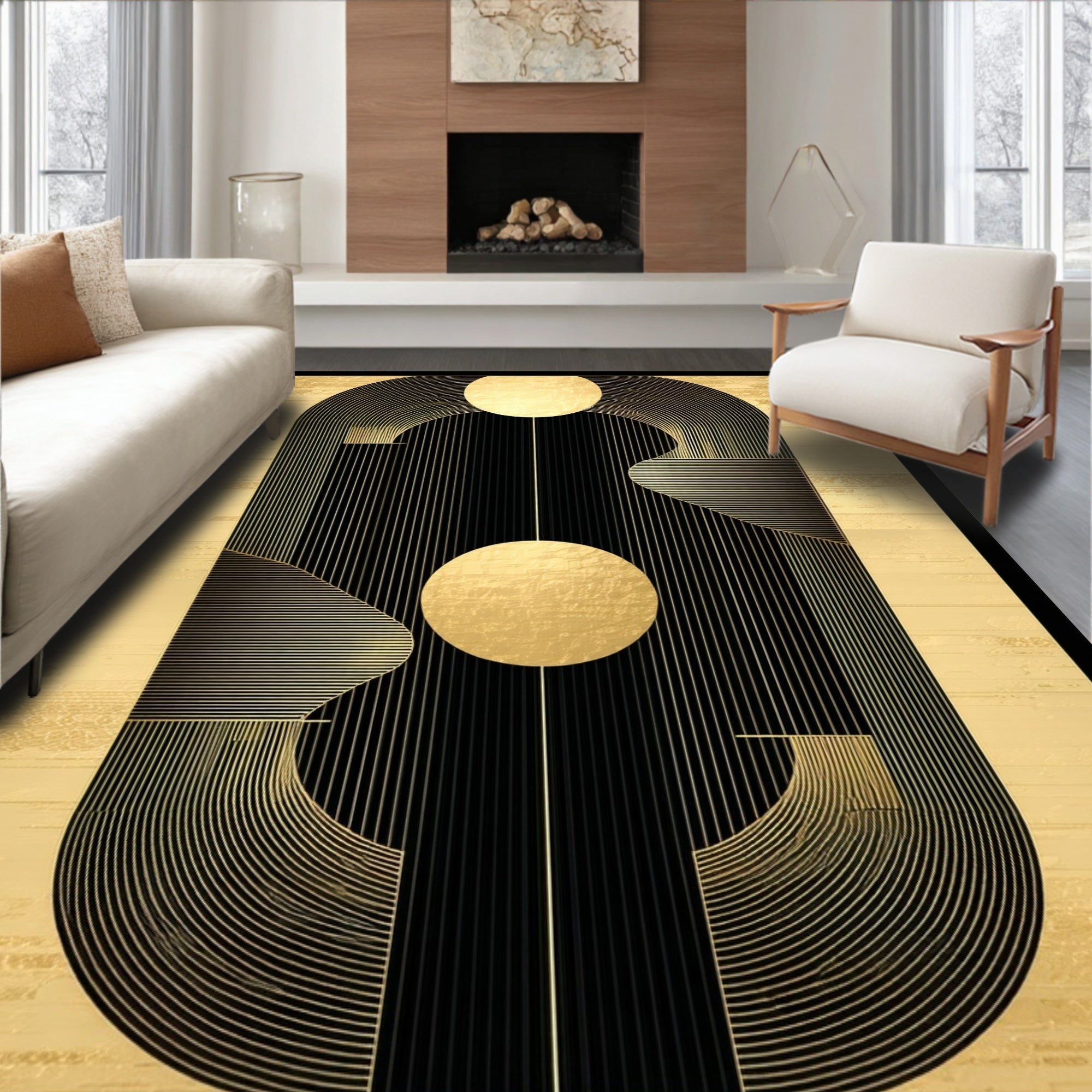 Abstract Gold Black Geometric Lines Rug