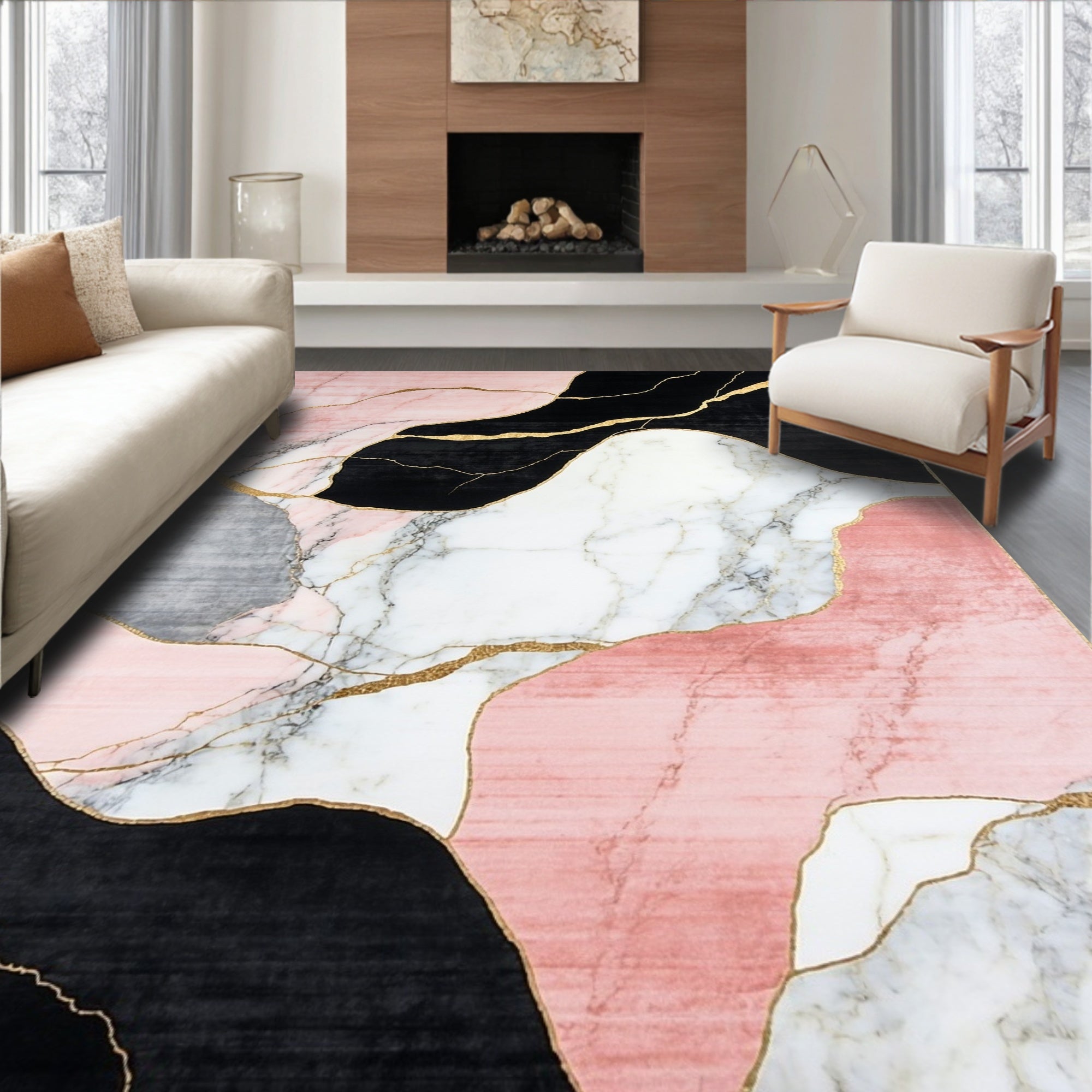 Abstract Marble Geometric Gold Lines Rug