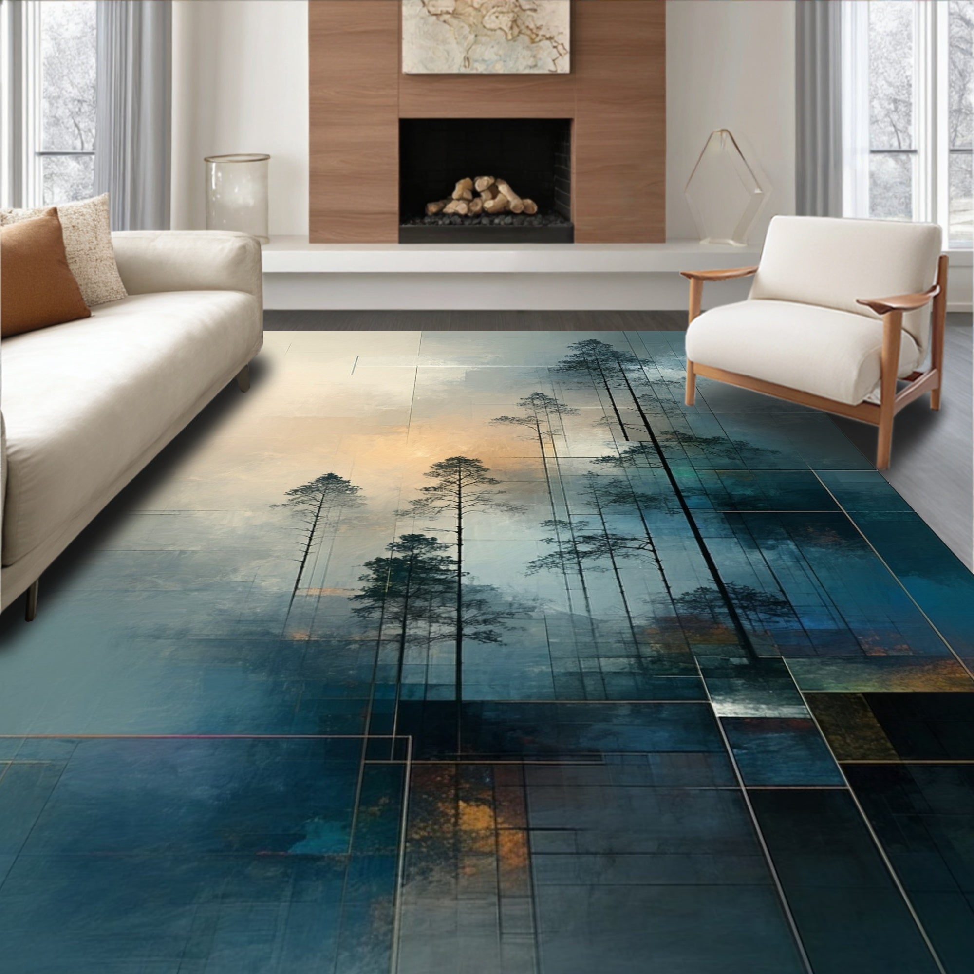 Abstract Forest Silhouette Geometric Pattern Rug