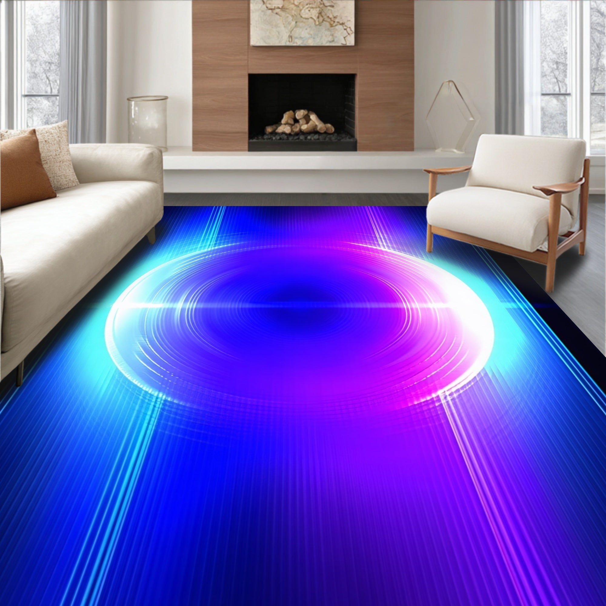 Abstract Circular Neon Light Design Rug