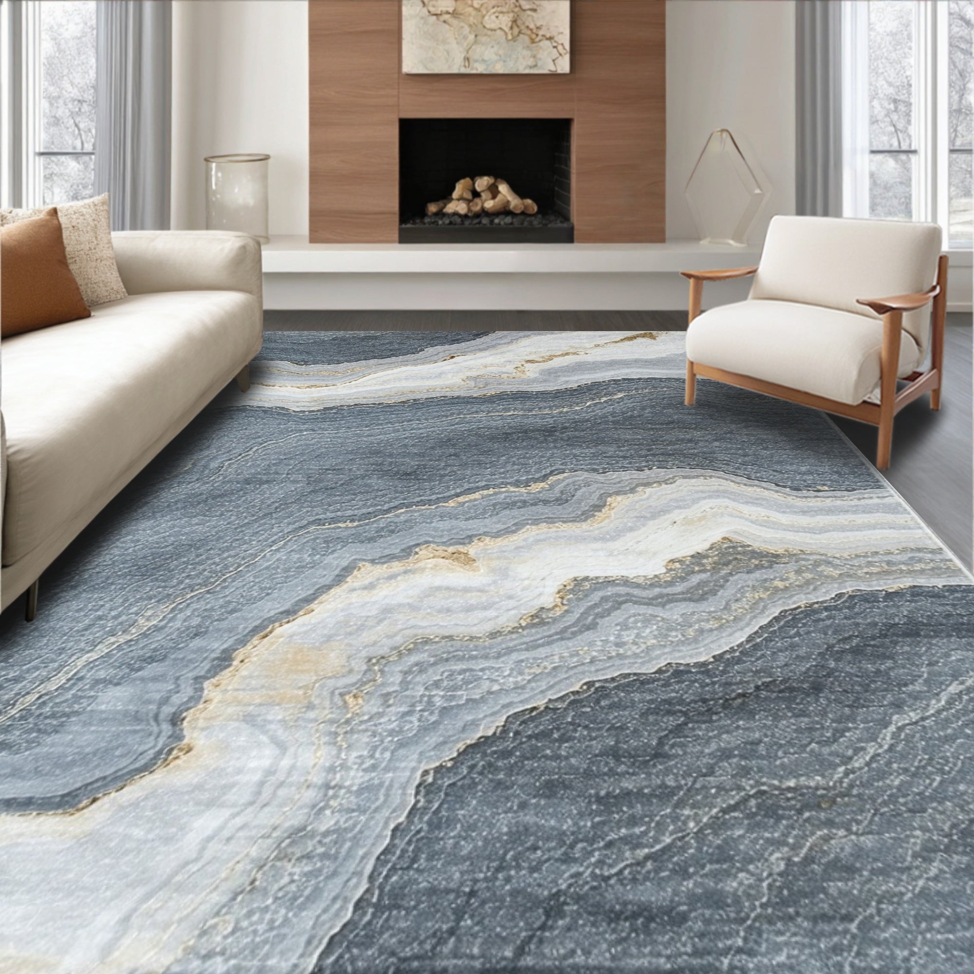 Abstract Blue Gold Veined Design Rug
