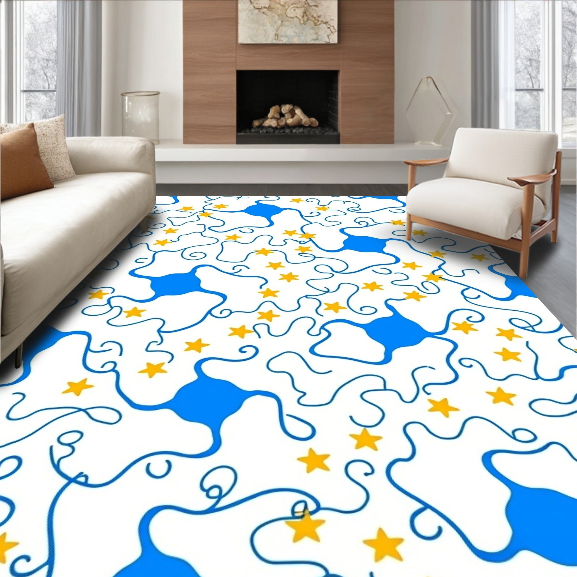 Abstract Blue Blobs Golden Stars Rug