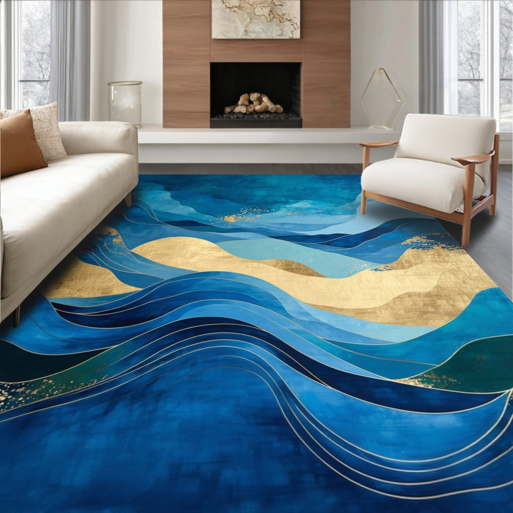 Abstract Blue Gold Wave Rug