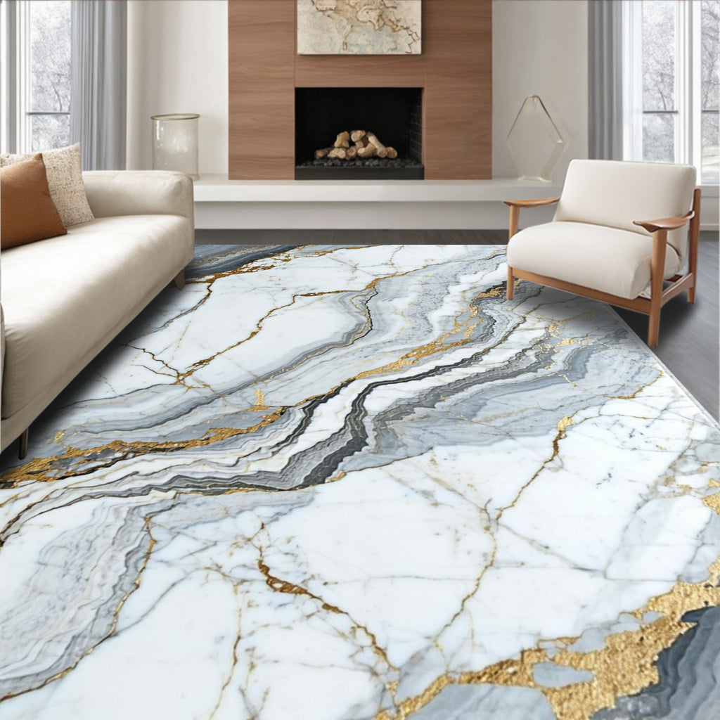 Abstract Gold Veined Marble Elegance Rug