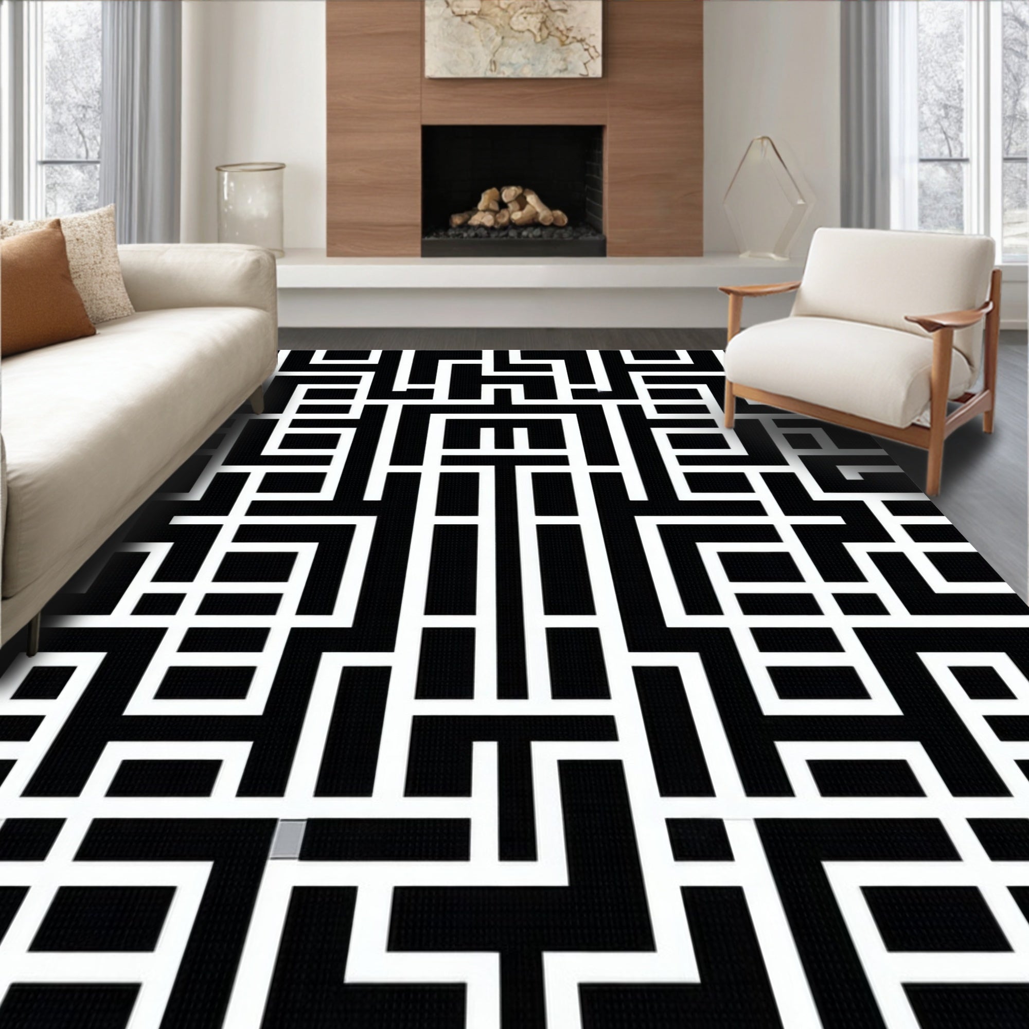 Abstract Black 2 White Linear Maze Rug
