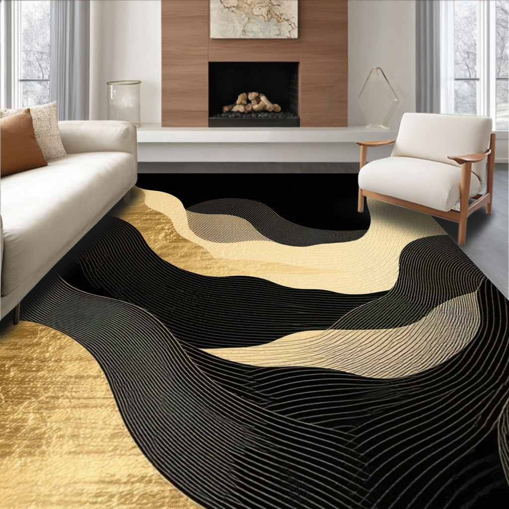 Abstract Gold Black Wavy Lines Rug