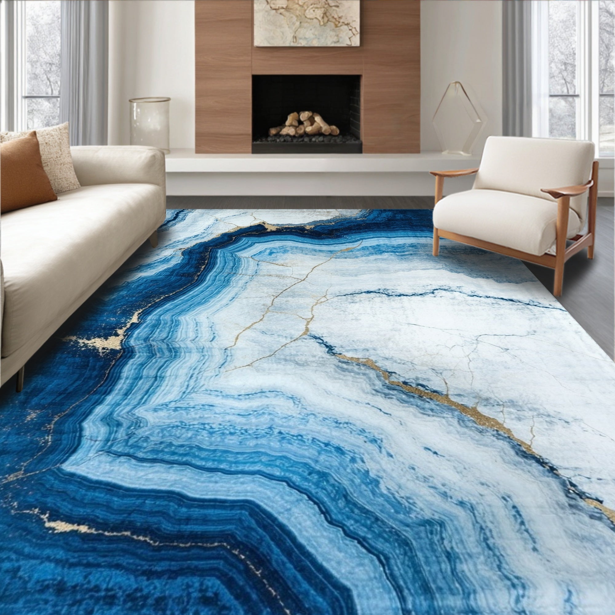 Abstract Blue Agate Stone Pattern Rug