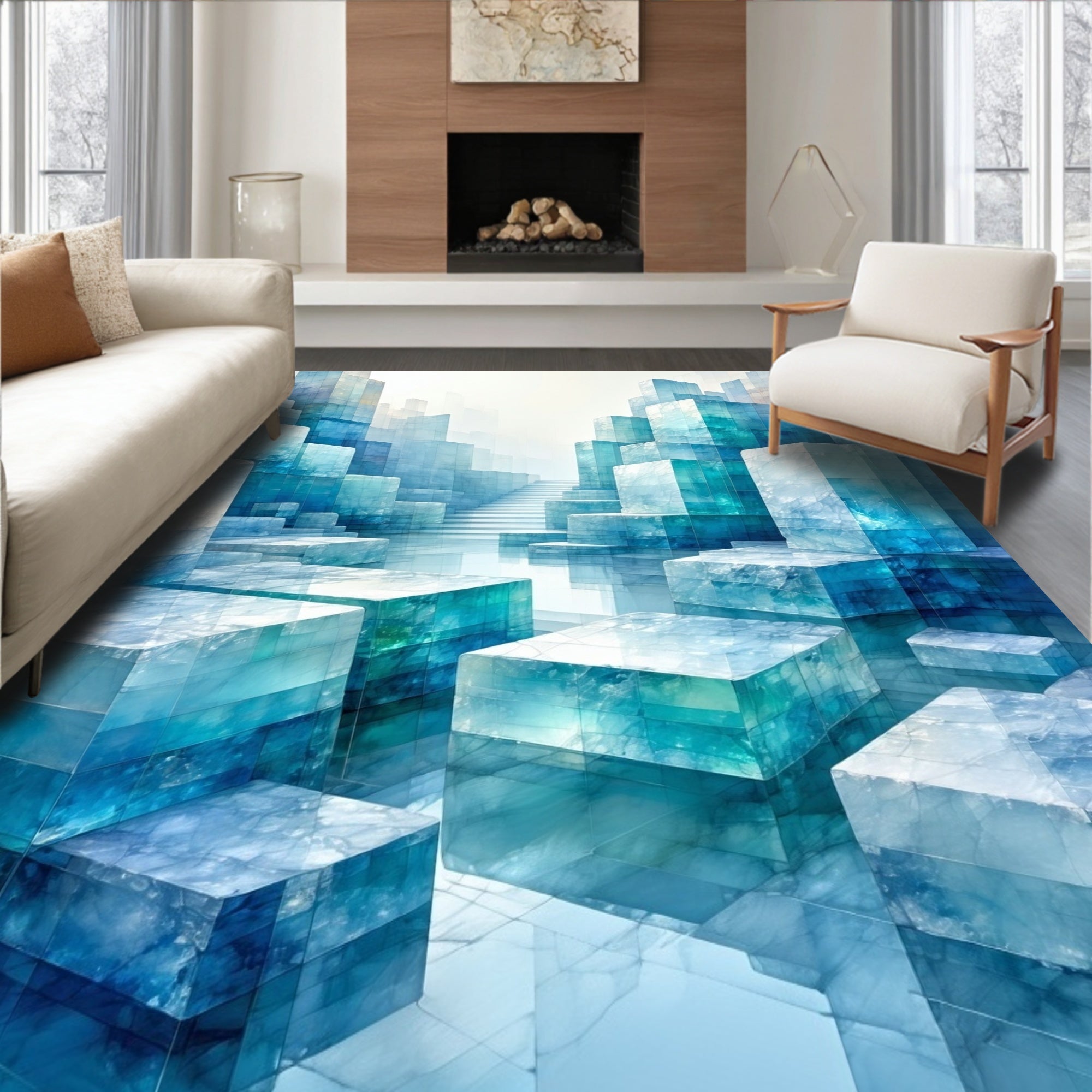 Abstract Blue Crystal Geometric Landscape Rug