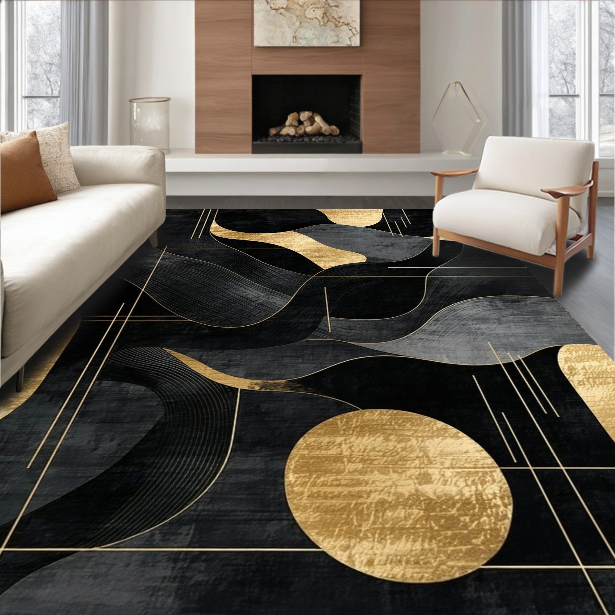 Abstract Black Gold Waves Rug