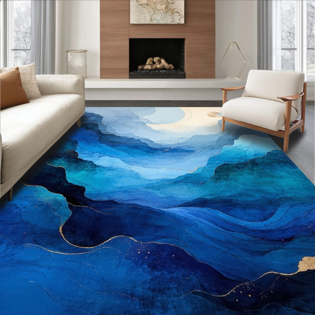 Abstract Blue Flowing Waves Rug