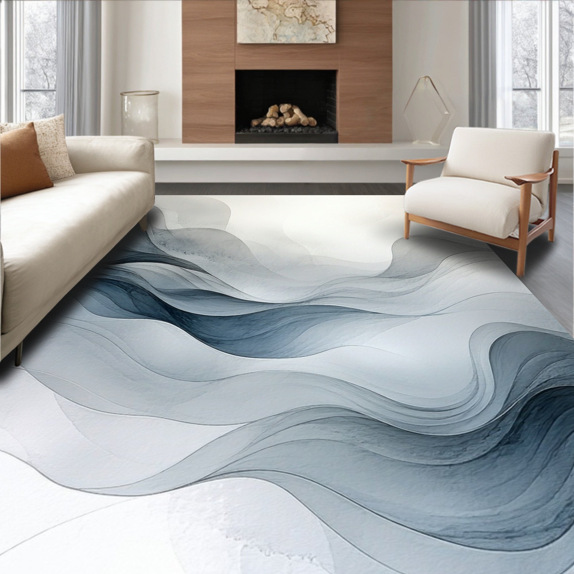 Abstract Ink Wash Waves Rug