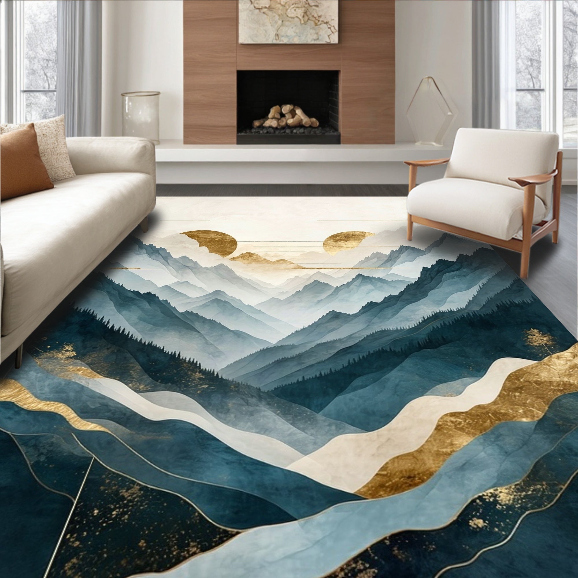 Abstract Mountain Range Gold Accents Rug