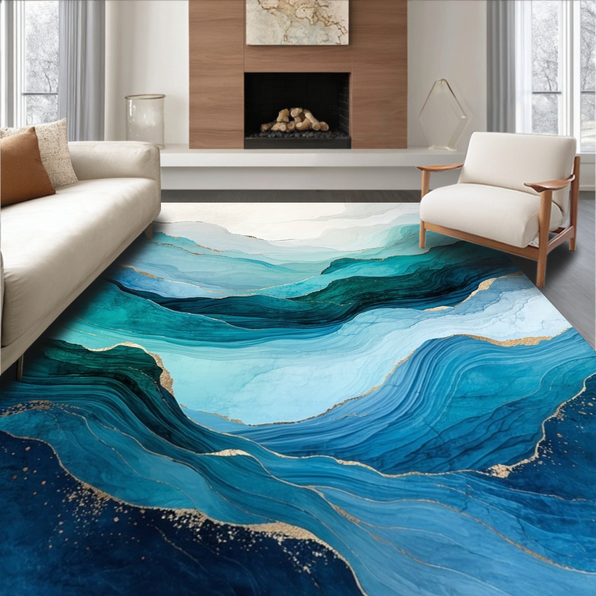 Abstract Blue Gold Wavy Landscape Rug