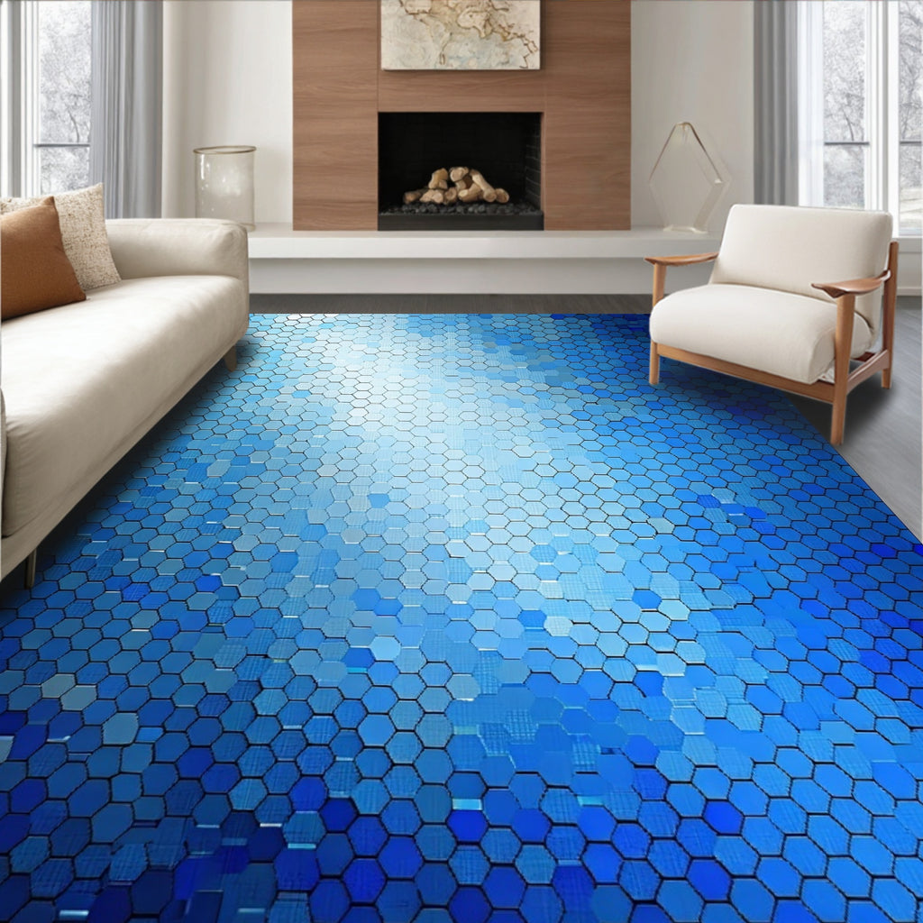 Abstract Blue Hexagonal Grid Design Rug
