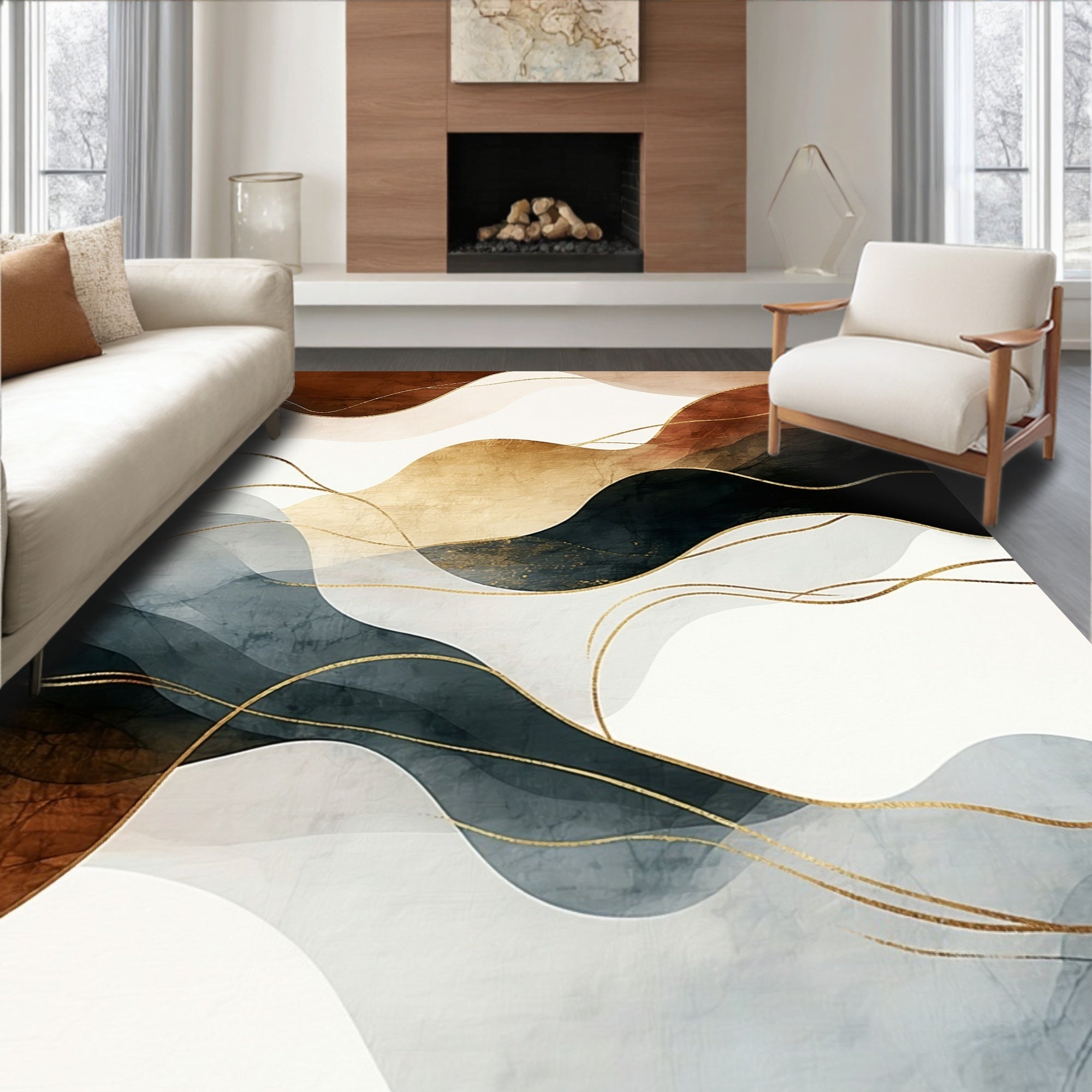 Abstract Gold Wavy Rust Navy Rug
