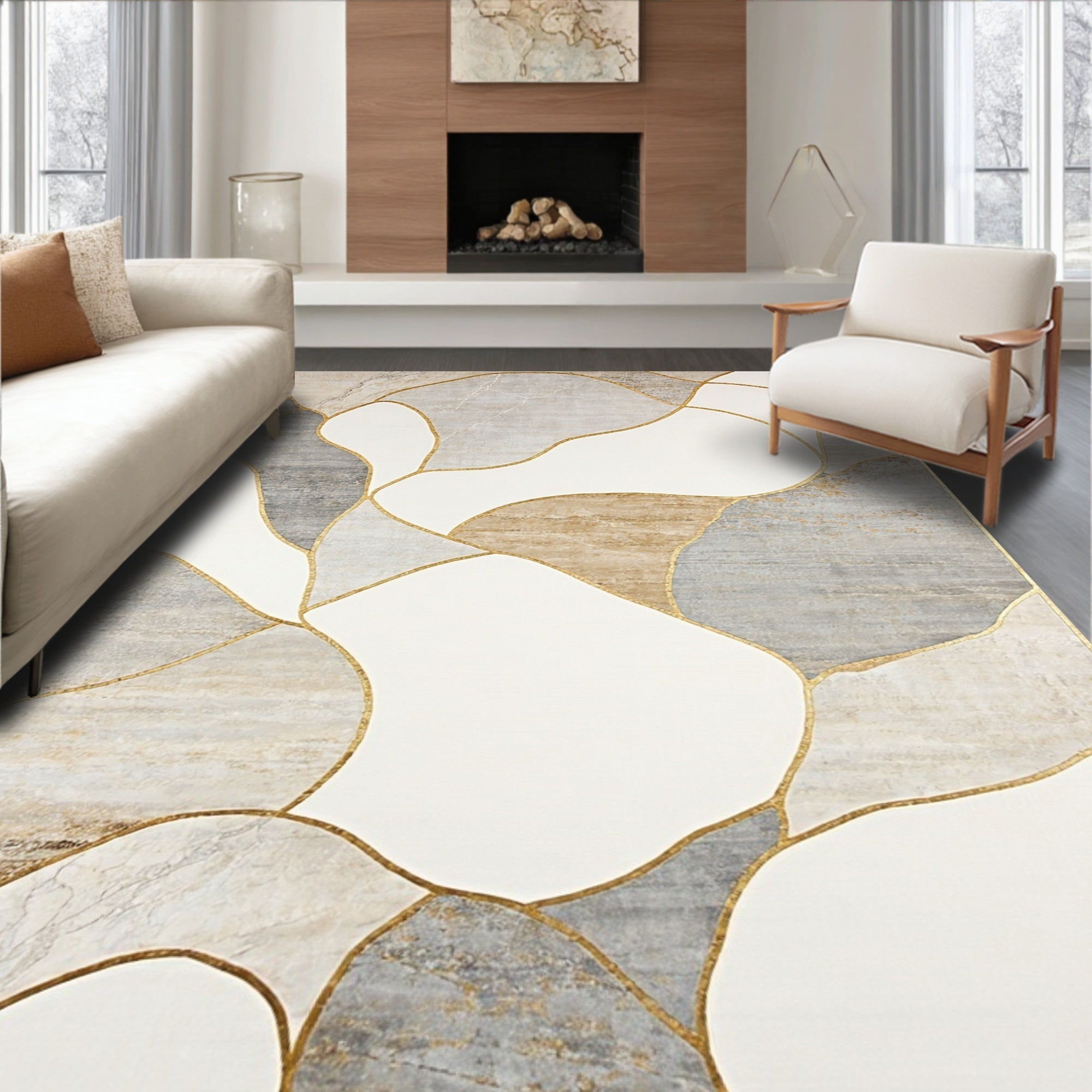 Abstract Gold Accented Geometric Pattern Rug