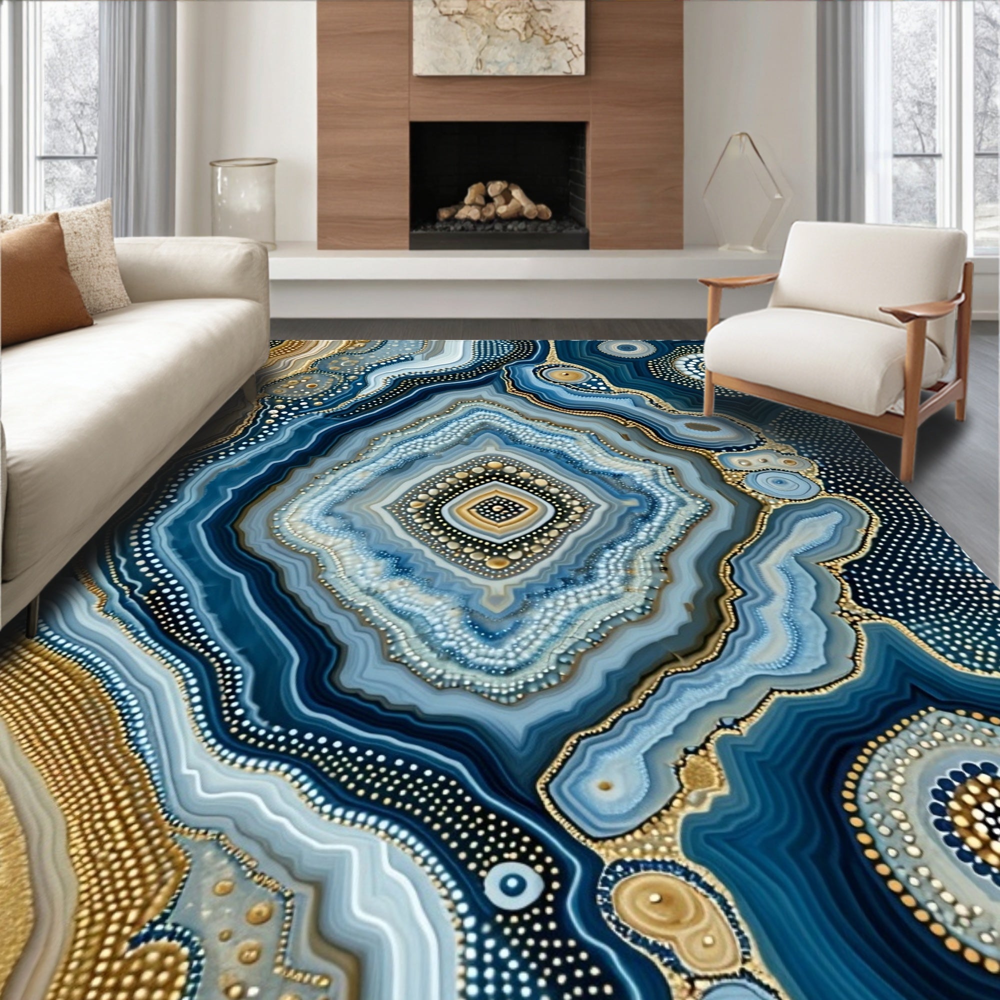 Abstract Blue Gold Agate Pattern Rug