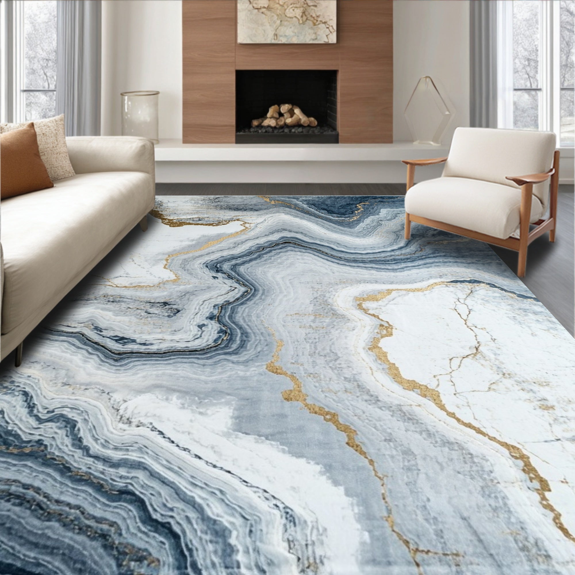 Abstract Blue Gold Veined Marble Rug