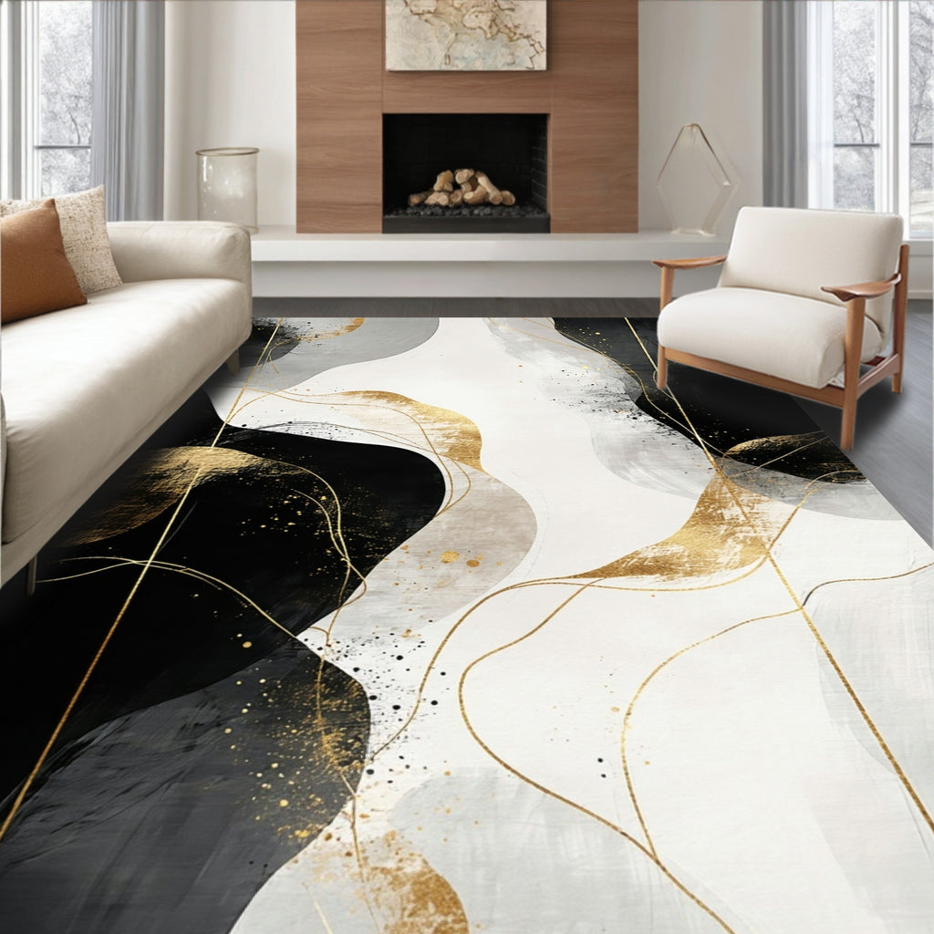 Abstract Gold Splatter Wavy Design Rug