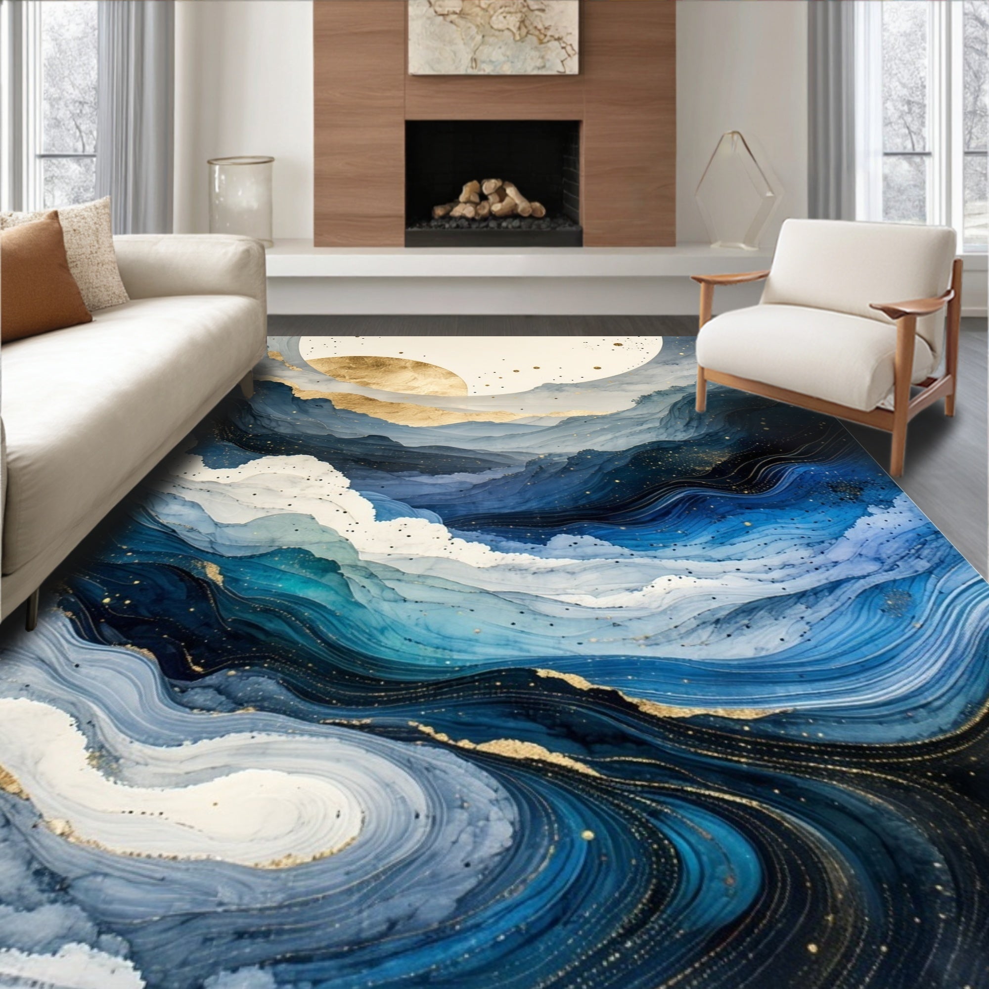 Abstract Blue Gold Mountain Waves Rug