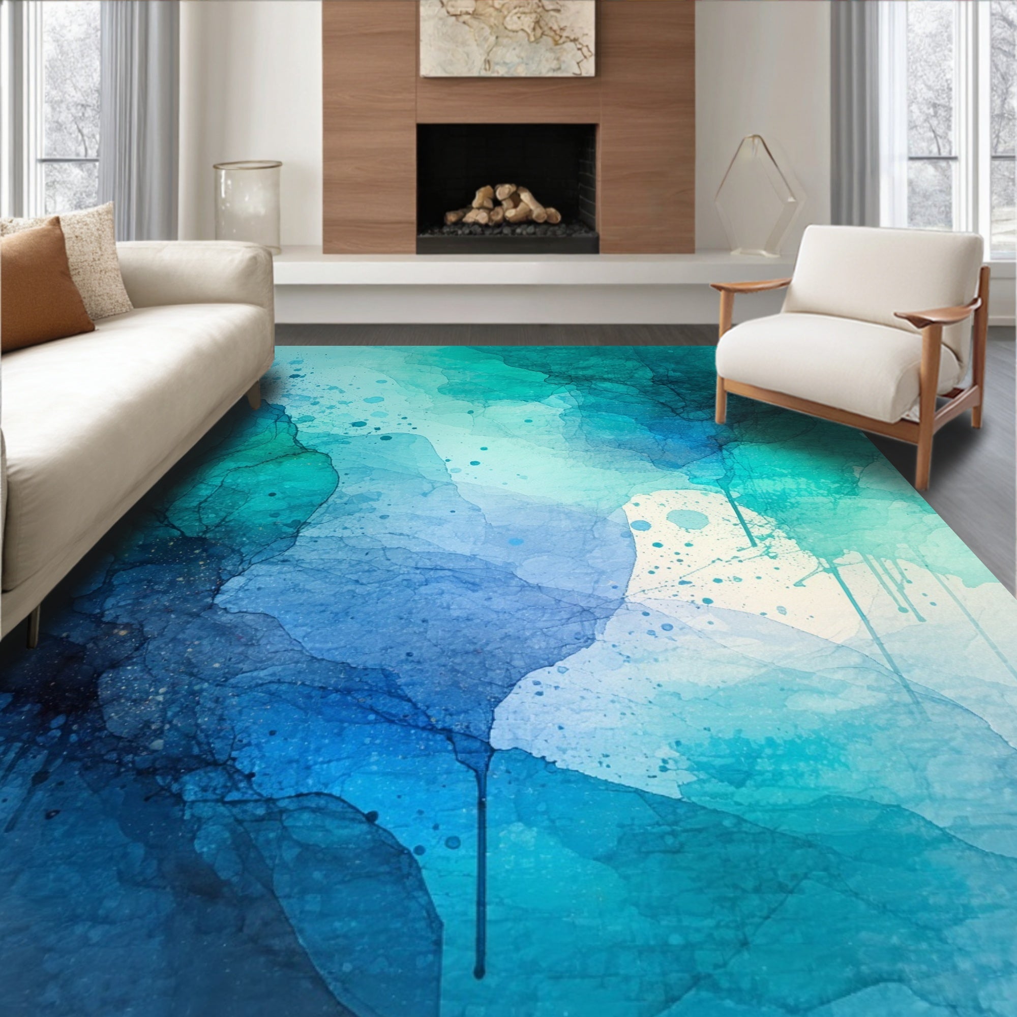 Abstract Blue Teal Watercolor Wash Rug