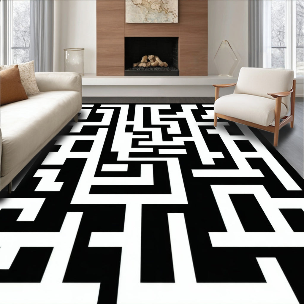Abstract Black White Maze Pattern Rug