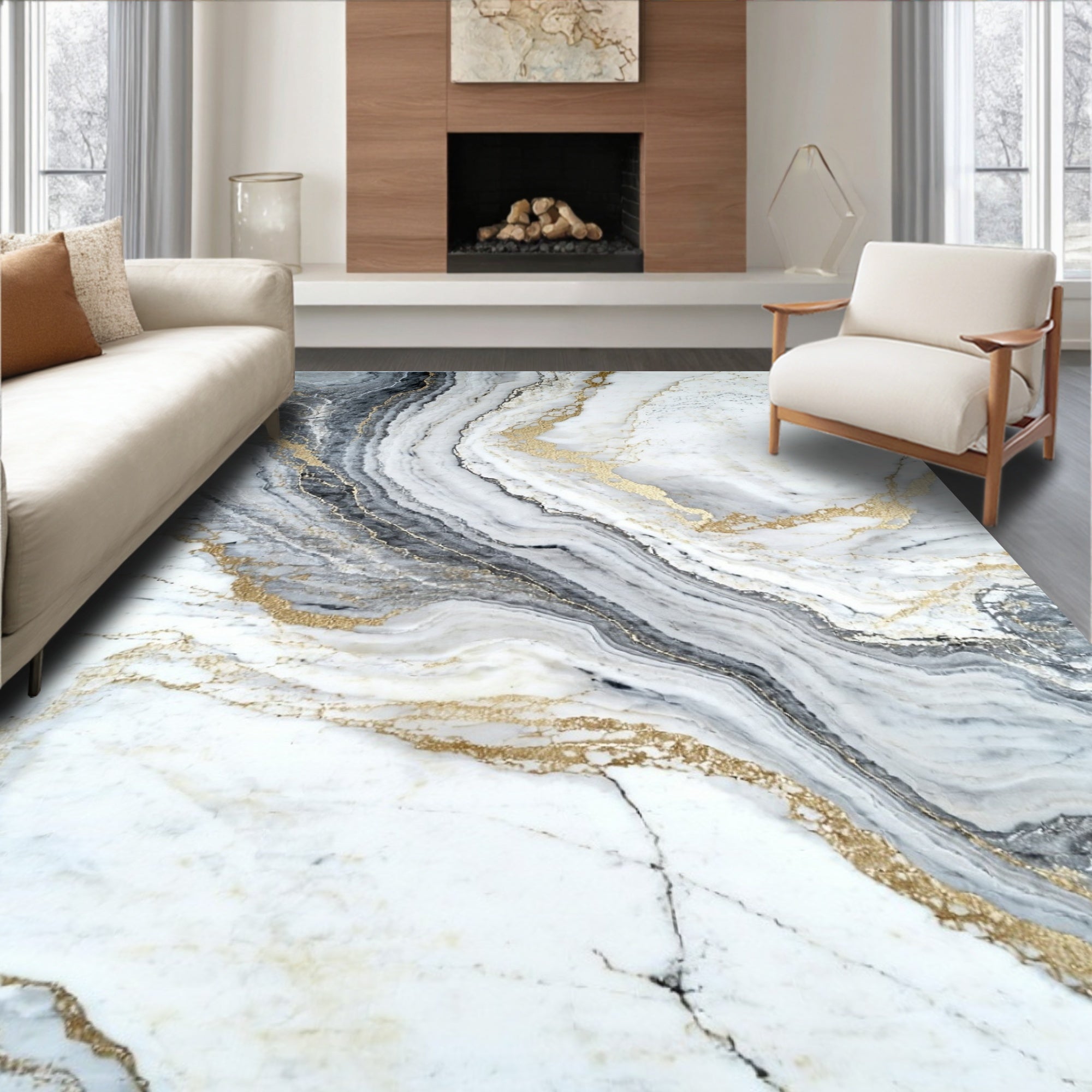 Abstract Marble Gold Veins Rug