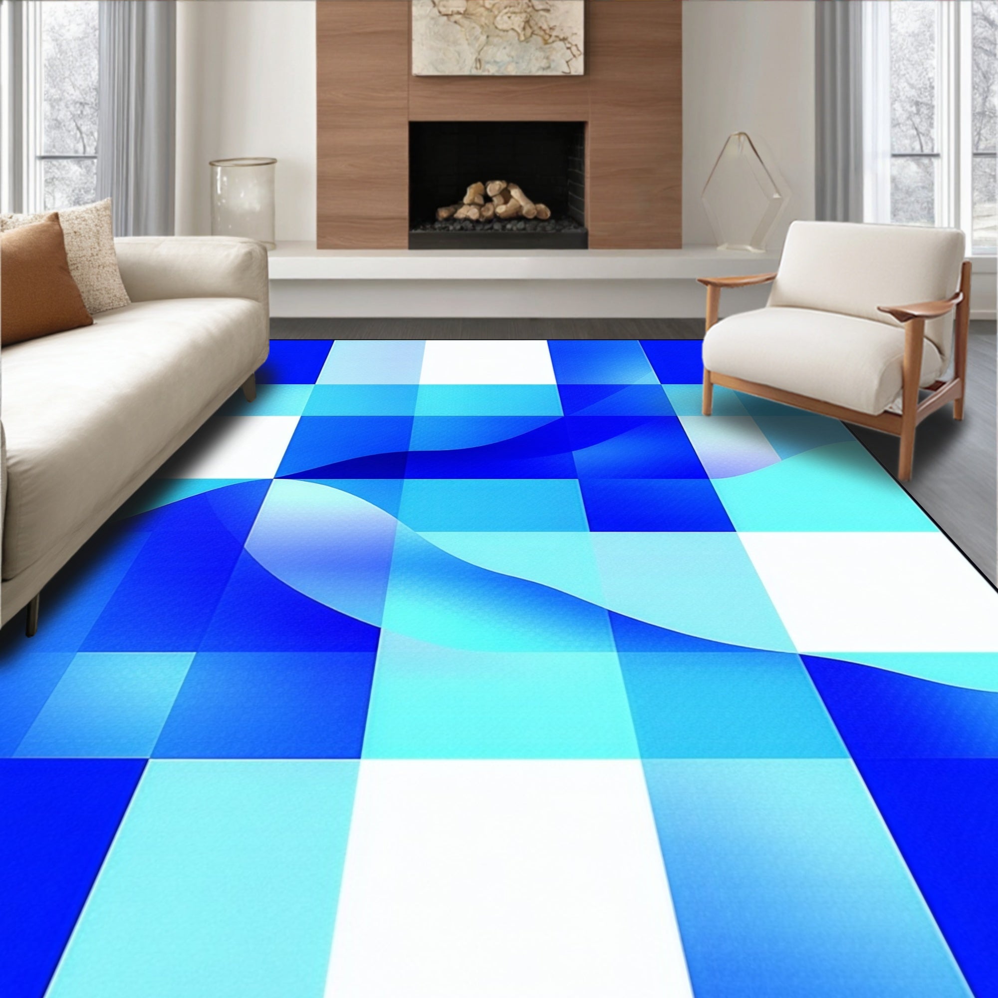 Abstract Blue Wave Geometric Design Rug