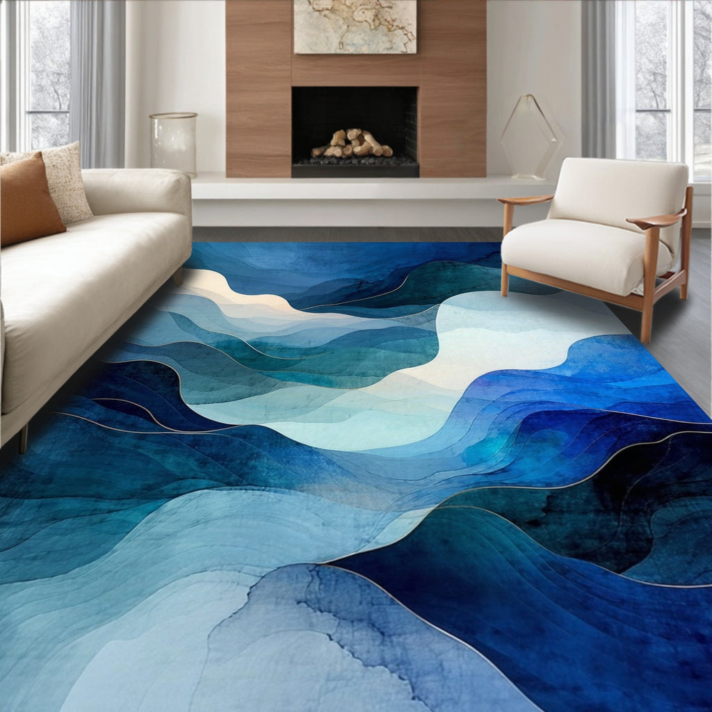 Abstract Blue Wavy Landscape Rug