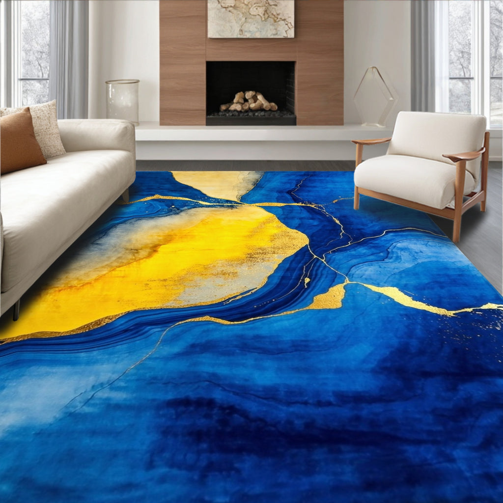Abstract Gold Veined Blue Yellow Rug