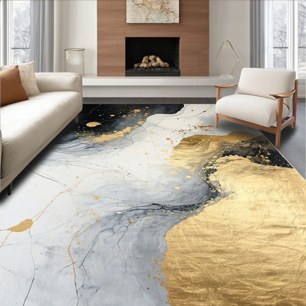 Abstract Gold Black Marble Liquid Design Rug