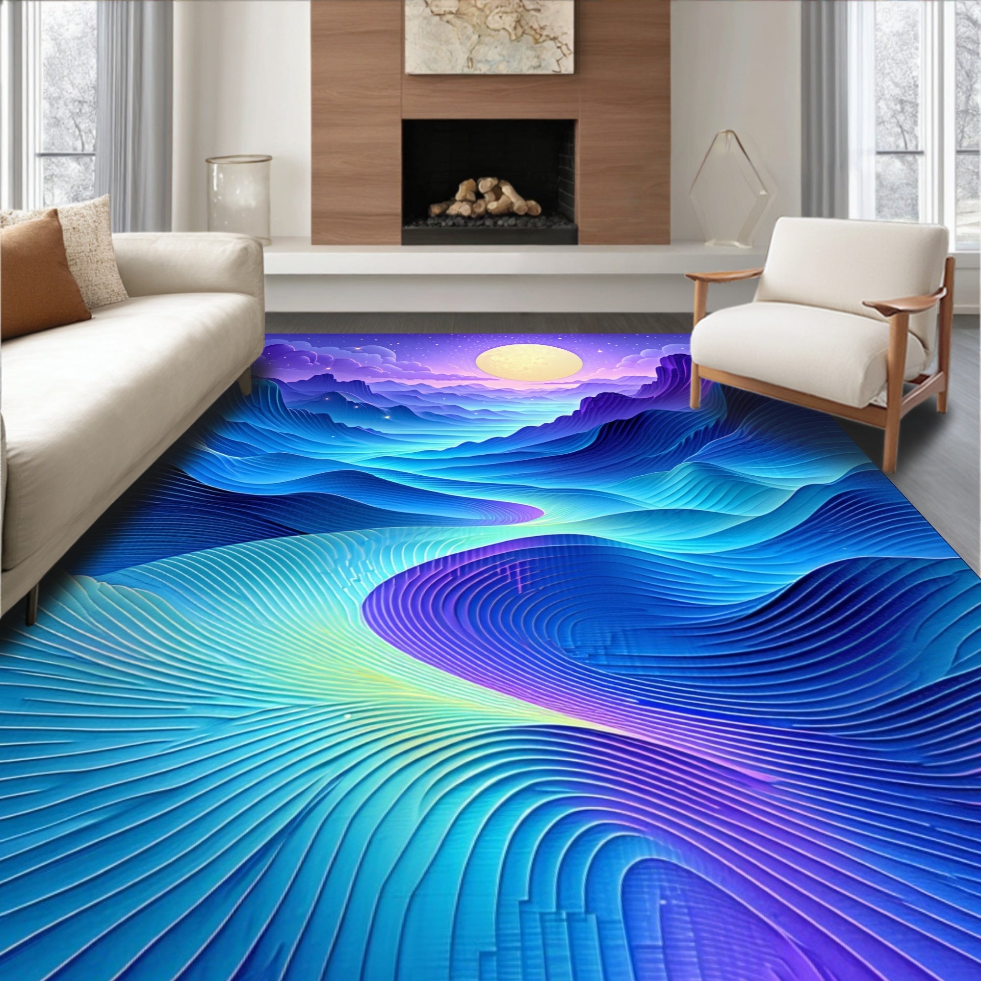 Abstract Blue Purple Mountain Wave Pattern Rug