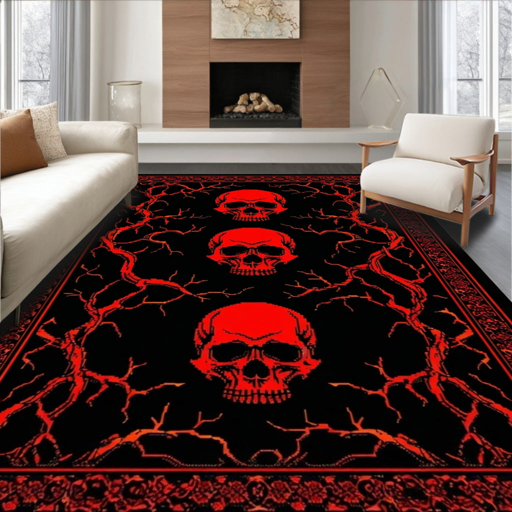 3 Red Skulls Thorny Gothic Rug