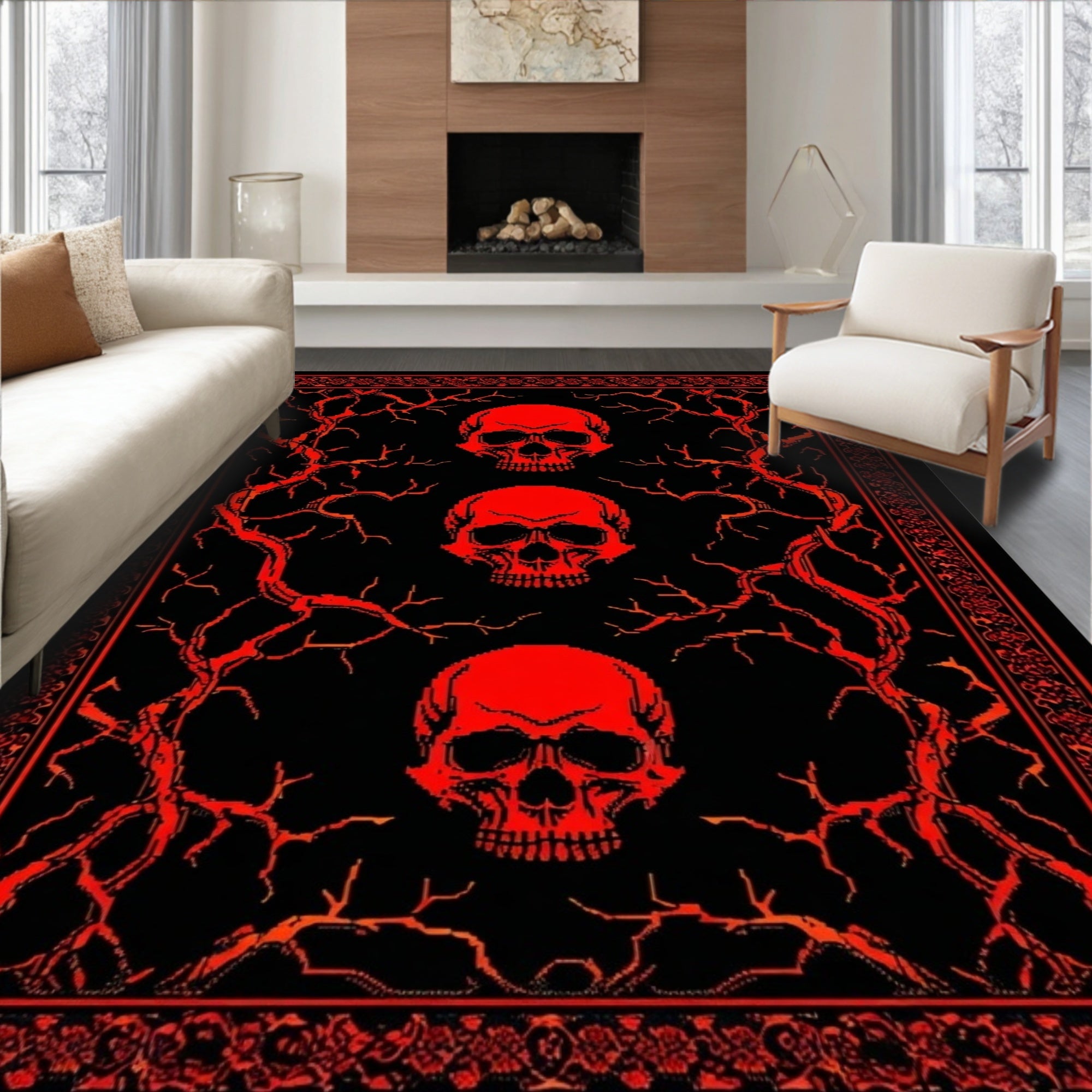 3 Red Skulls Thorny Gothic Rug
