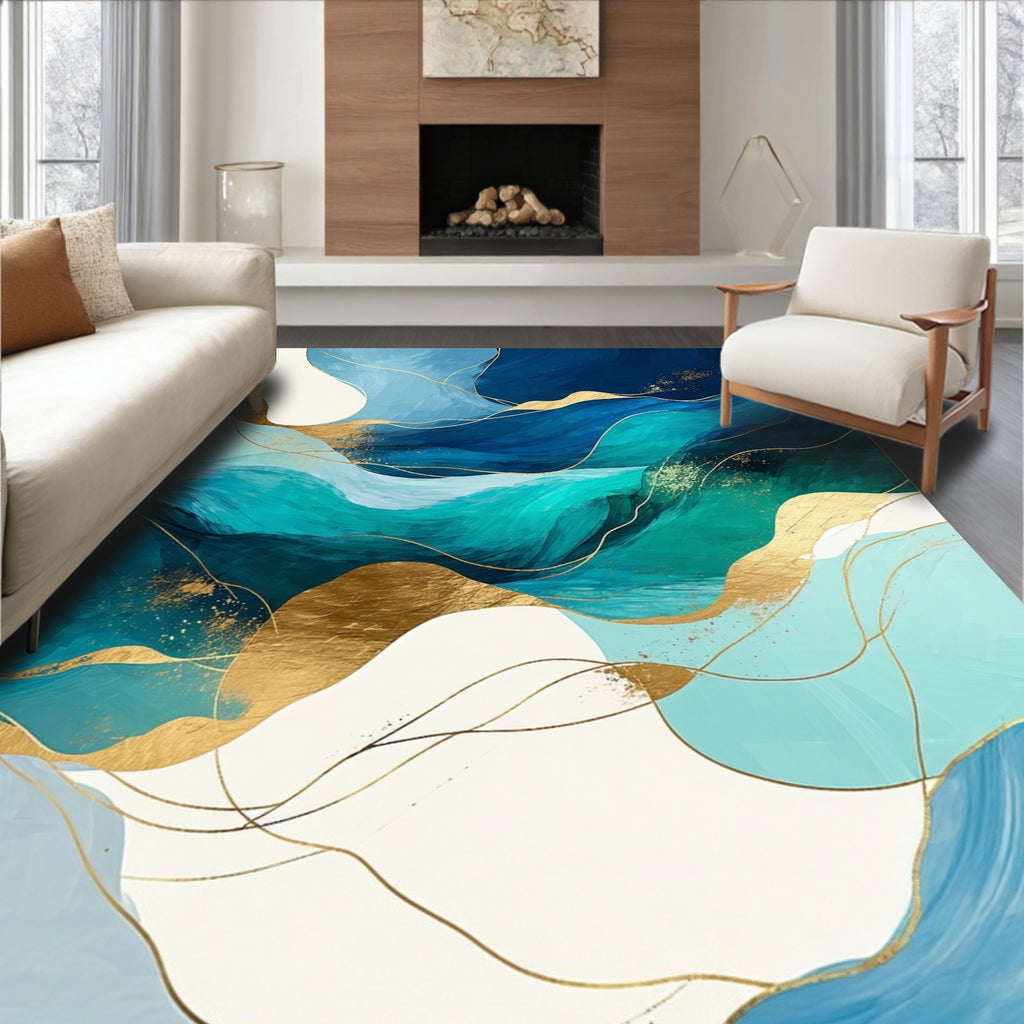 Abstract Aqua Gold Wave Pattern Rug