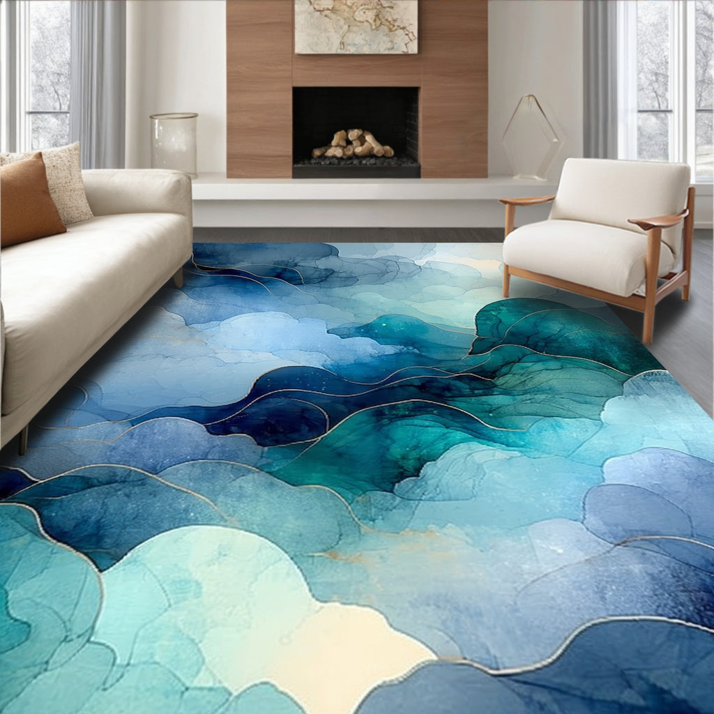 Abstract Blue Teal Wavy Swirl Rug