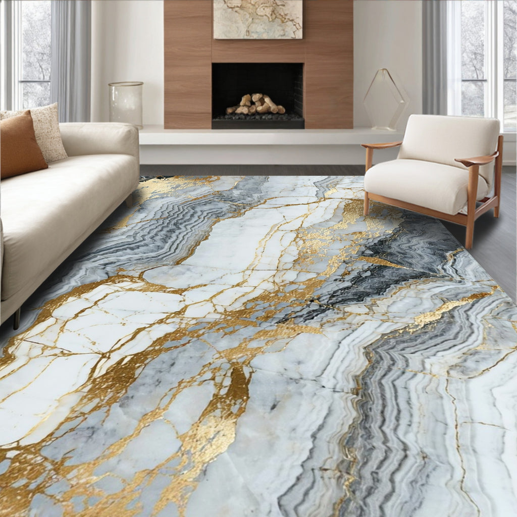 Abstract Gold Veined Marble Pattern Rug