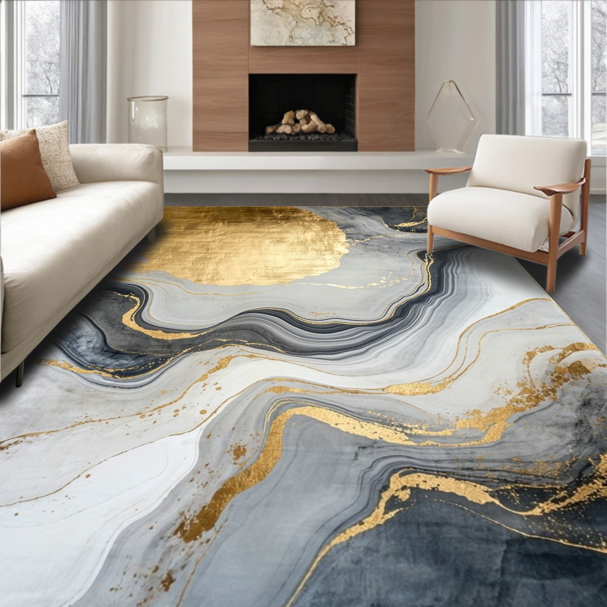 Abstract Gold Grey Swirl Design Rug