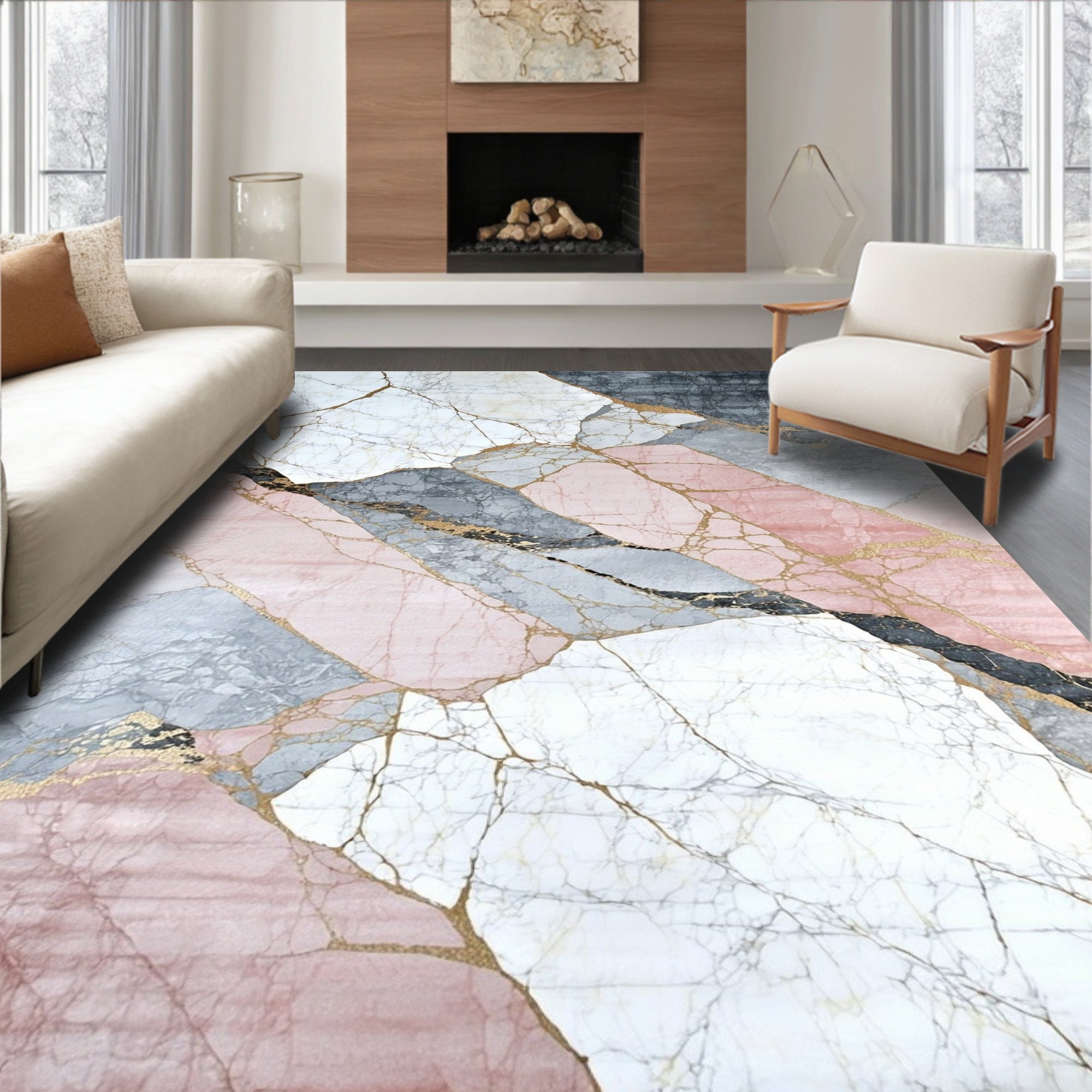 Abstract Gold Veined Geometric Marble Rug