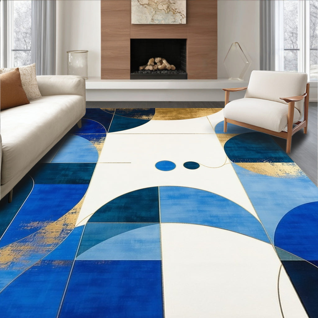 Abstract Geometric Blue Gold Pattern Rug