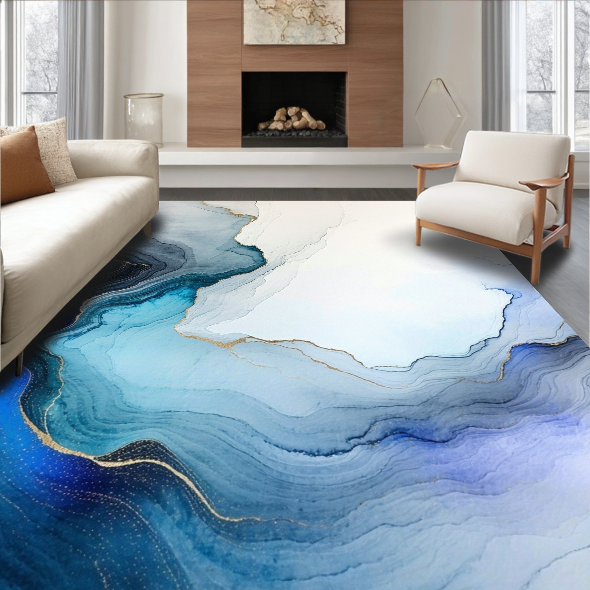 Abstract Blue Swirl Gold Accented Rug