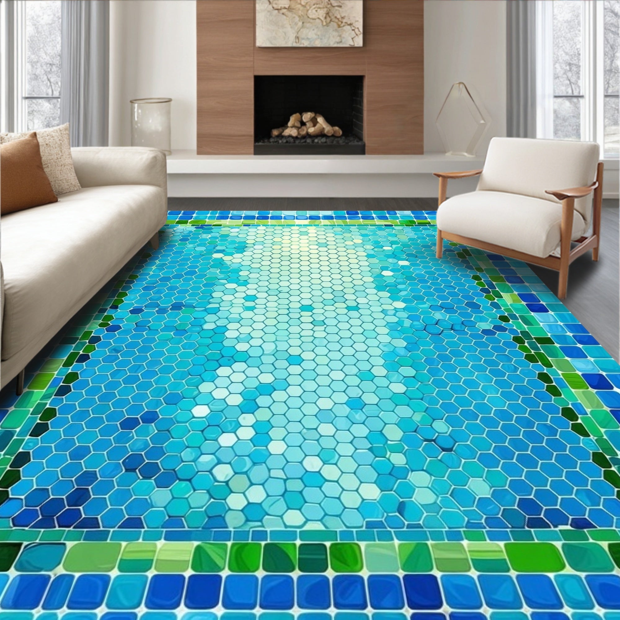 Abstract Blue Green Hexagon Mosaic Rug