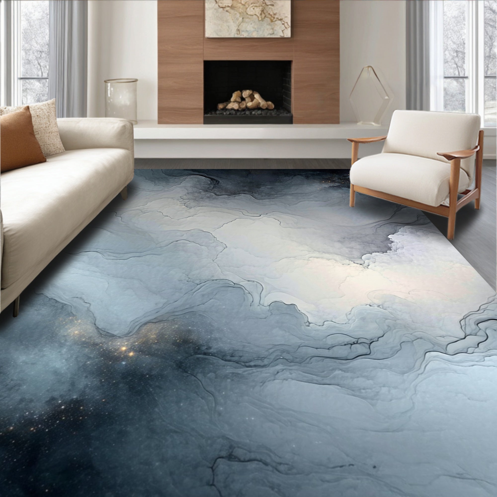 Abstract Ink Swirls with Stars Rug