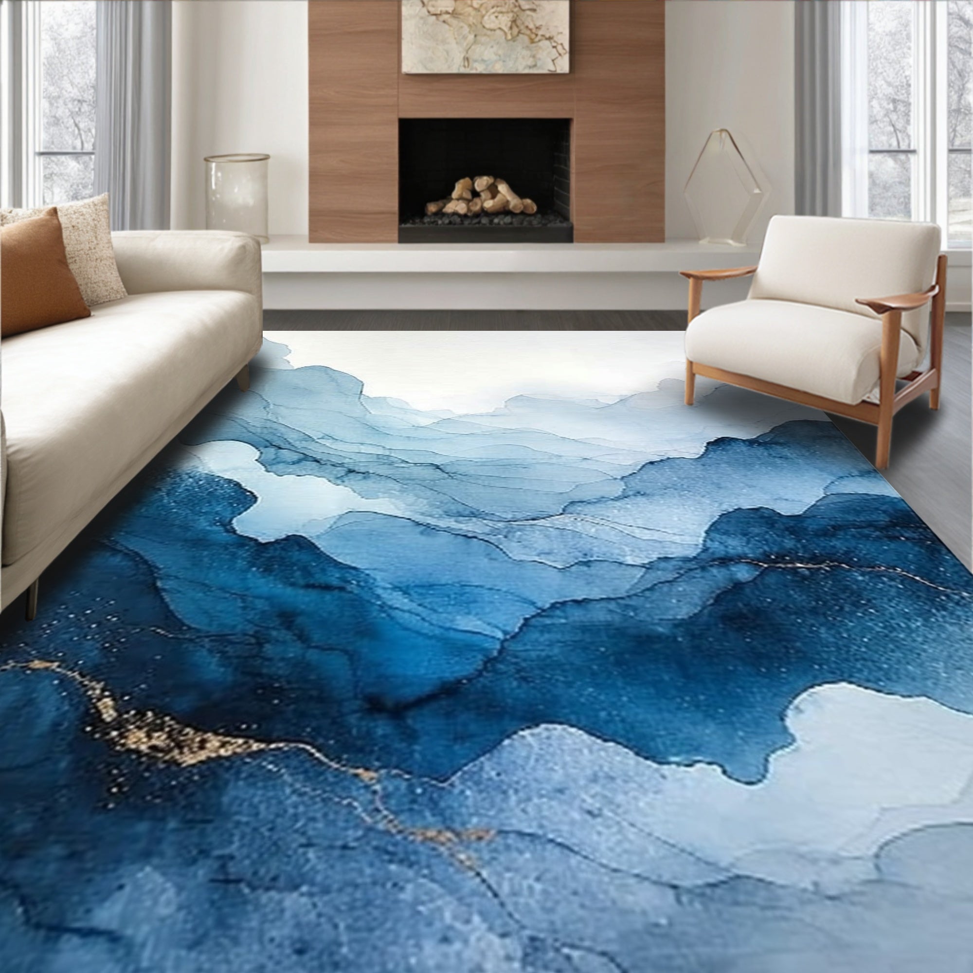 Abstract Blue Mountains Wavy Design Rug