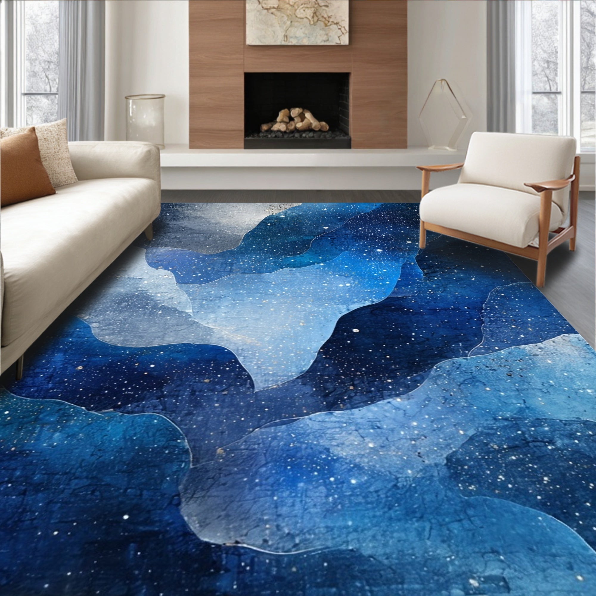 Abstract Blue White Starry Night Design Rug