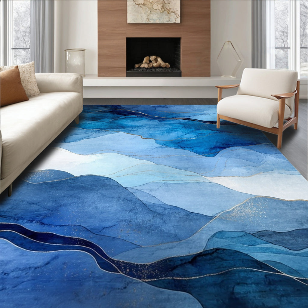Abstract Blue Wavy Gold Line Rug