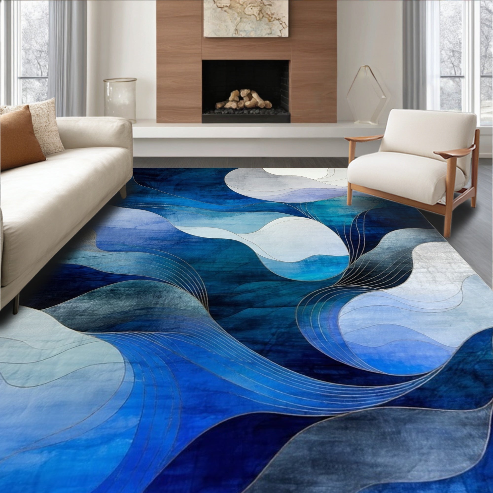 Abstract Blue Wave And Flow Rug