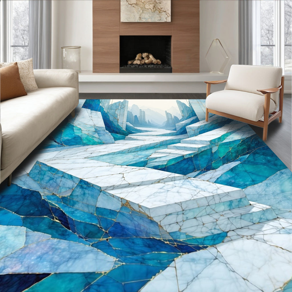 Abstract Blue Marble Geometric Landscape Rug