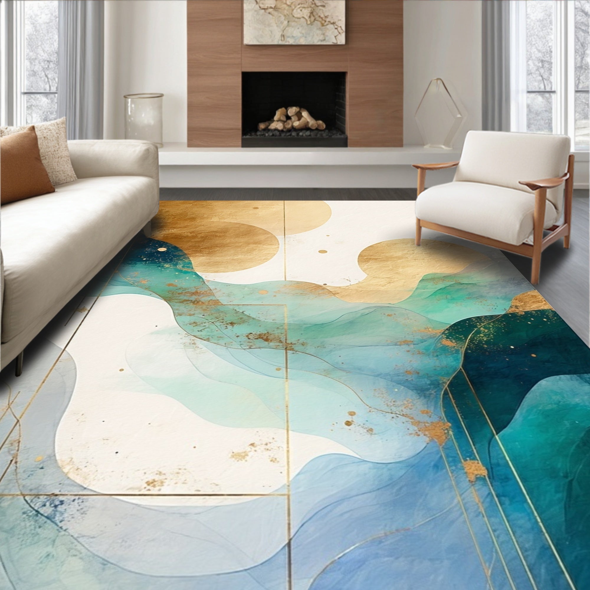 Abstract Gold And Teal Wave Rug